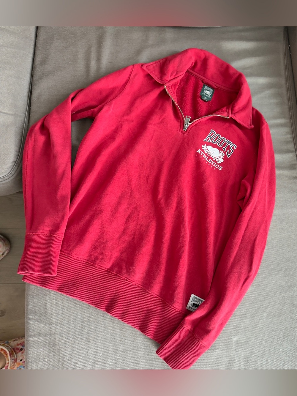 Roots Bright Red Quarter-Zip Sweater with Athletics Logo